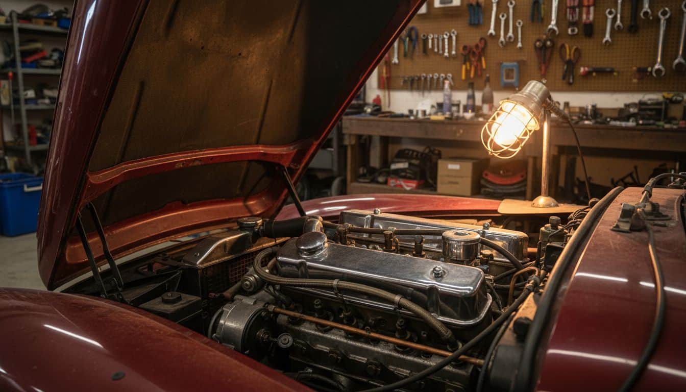 Open bonnet of a classic car showing the engine
