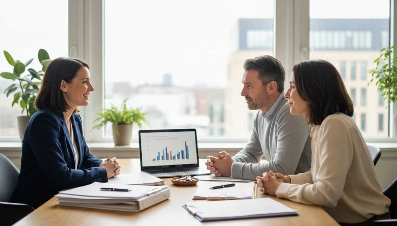 Mortgage adviser reviewing a remortgage with a couple in a UK office