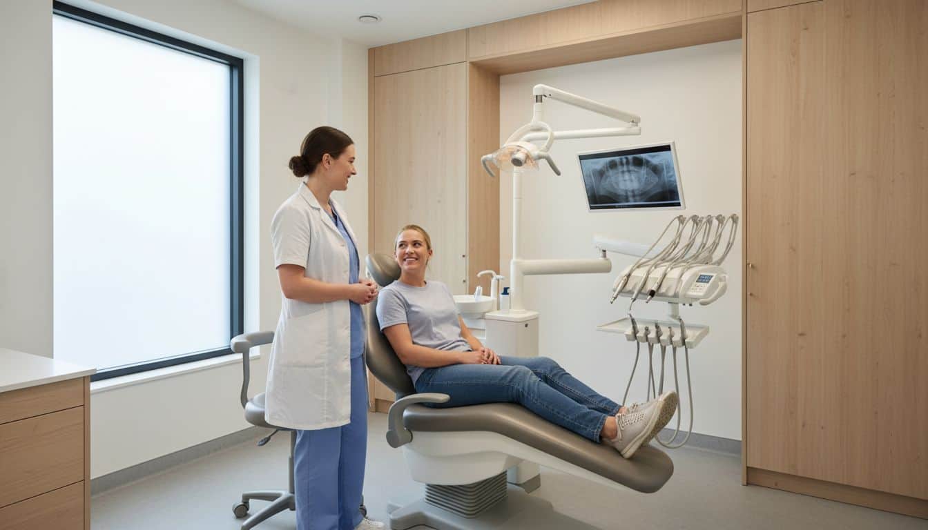 Dentist talking with a patient in a private dental treatment room