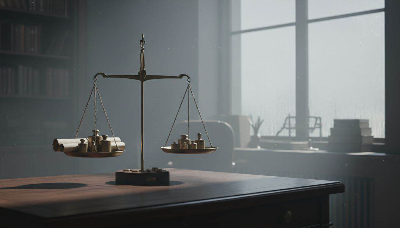 Antique brass balance scales on a desk by a window