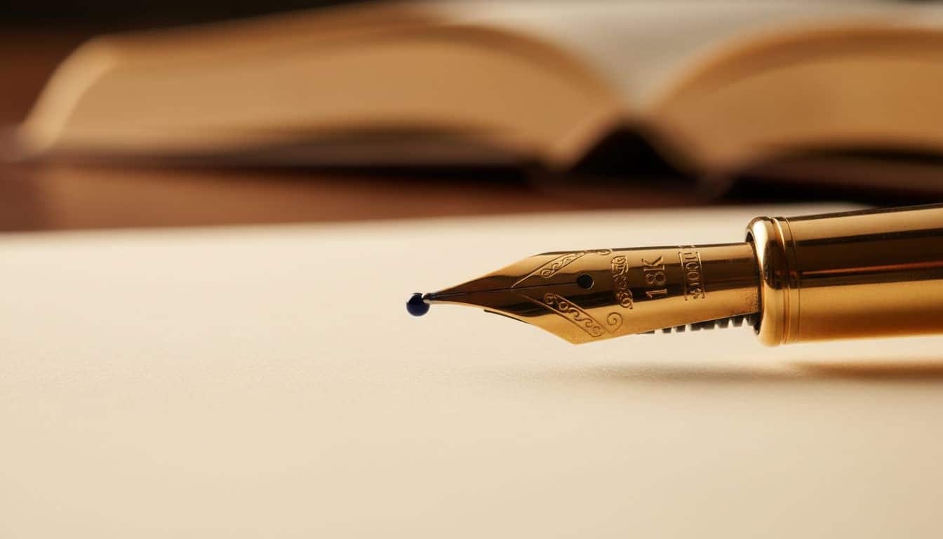 Macro of a fountain pen nib above blank paper