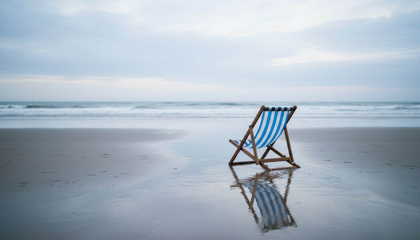 Empty deckchair on a British beach as the tide comes in