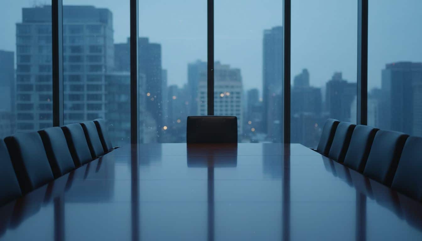 Empty boardroom with a long table and one chair pulled out