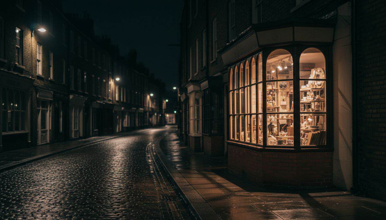 Lit shop window at night on an empty street
