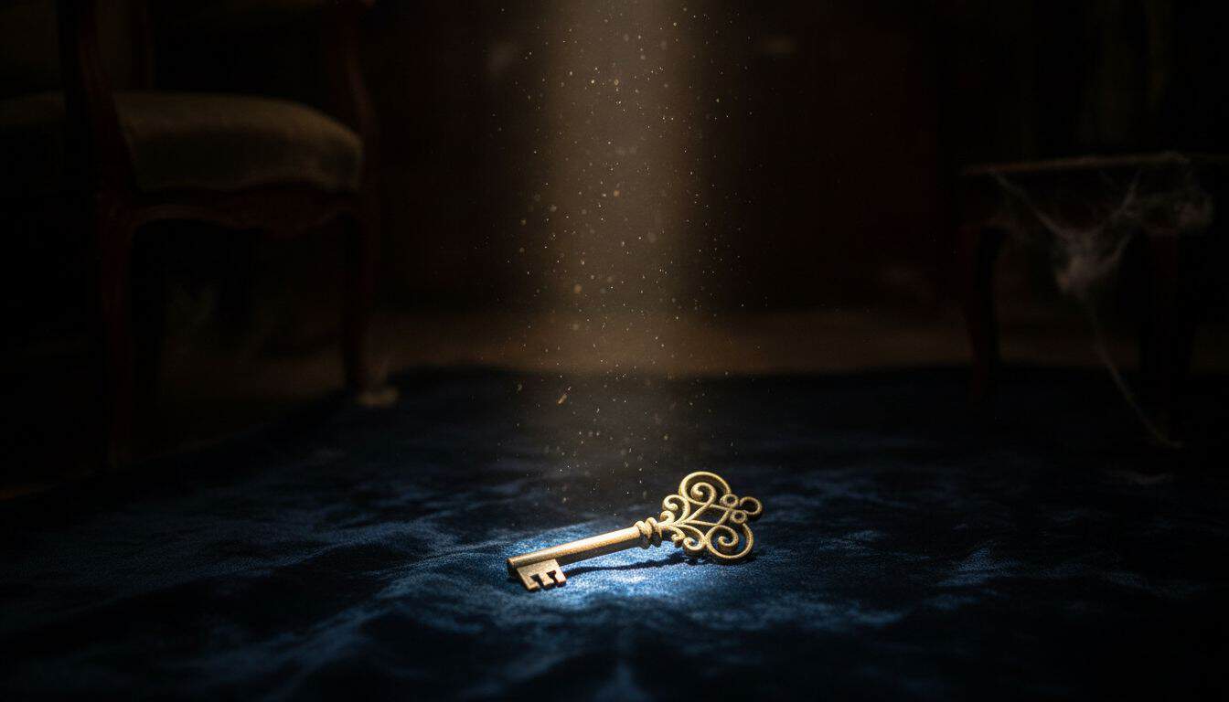 Single brass key on dark velvet under a shaft of light