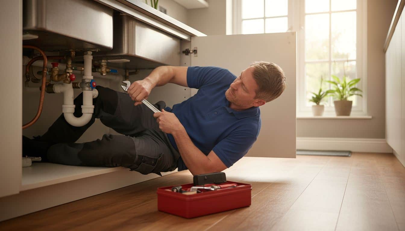 Plumber working on pipework under a kitchen sink